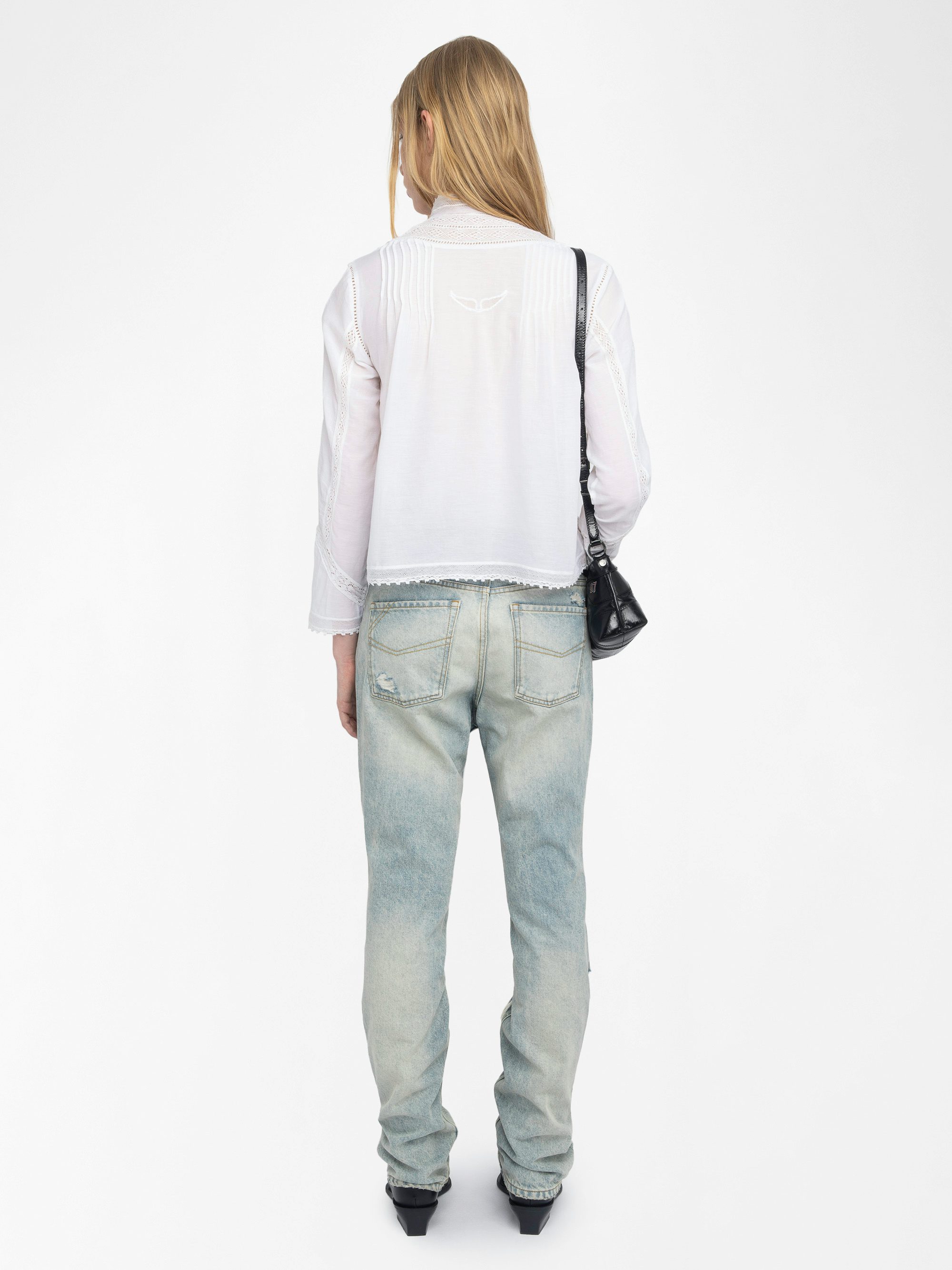 Tano Shirt - Cotton tomboy shirt with lace insert and embroidered wings on the back.